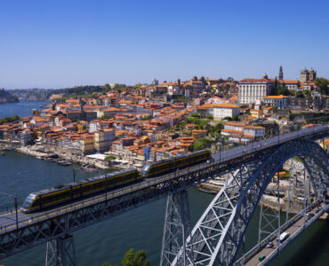 Aerial view of famous bridge in Porto, Portugal