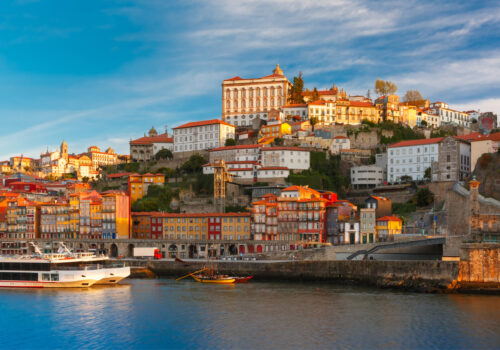 Douro river, Ribeira and Dom Luis I or Luiz I iron bridge in the sunny morning Porto, Portugal.