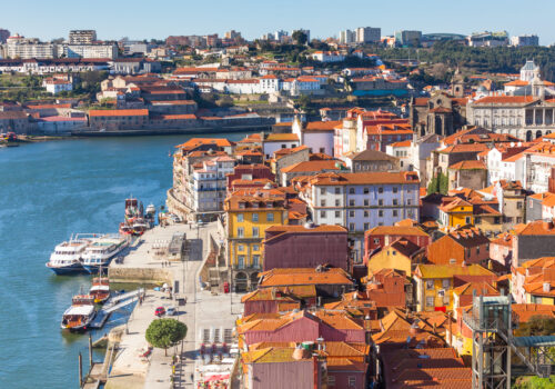 Overview of Old Town of Porto, Portugal. Ribeira and Douro river